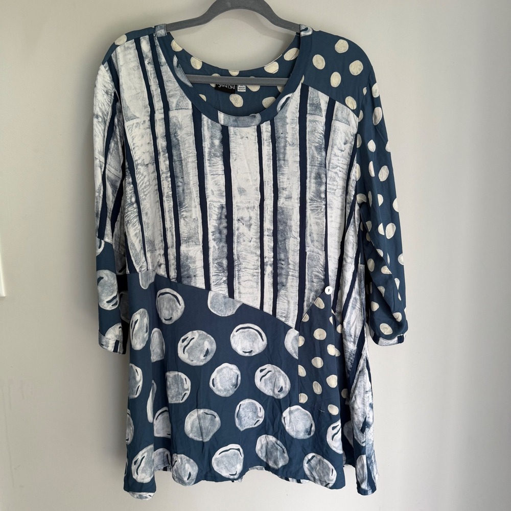 Iguana Tunic Top Blue White Mixed Polka Dot Stripe Lagenlook Art to Wear Medium